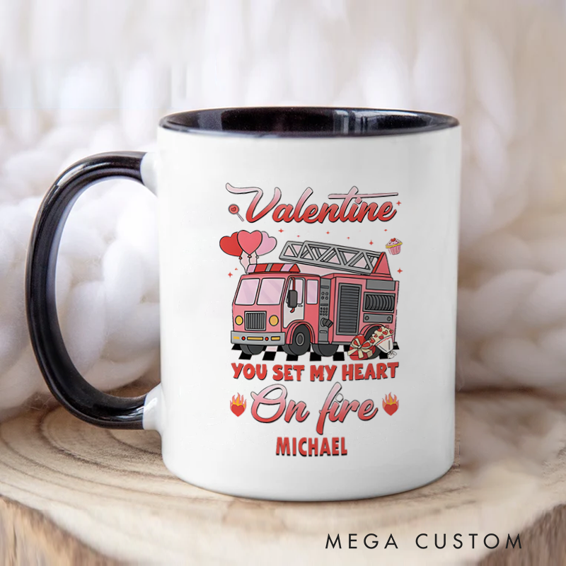 Personalized Firefighter Mugs Valentine You Set My Heart on Fire Design Coffee Mug Gift