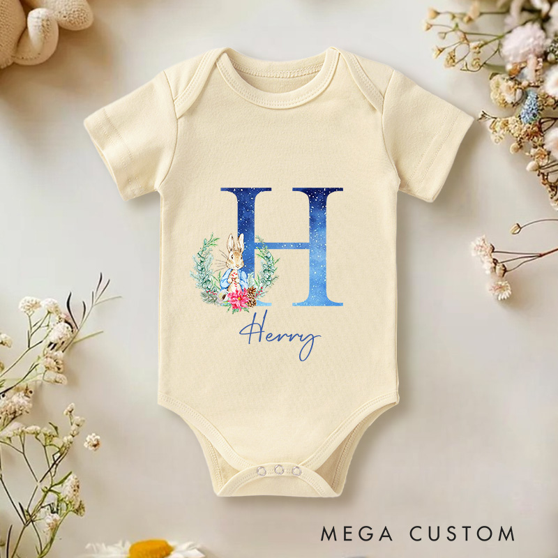 Personalized Blue Rabbit Initial Baby Onesie New Boy Gift Coming Home Gift