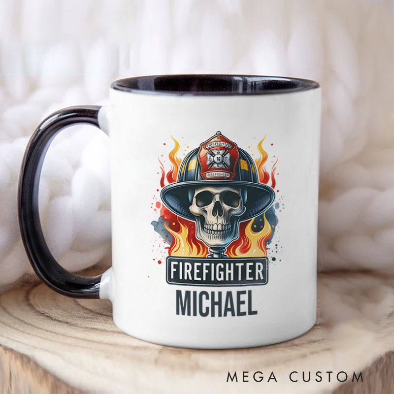 Personalized Firefighter Mugs Firefighter Skull Emblem with Flames Design Coffee Mug Gift
