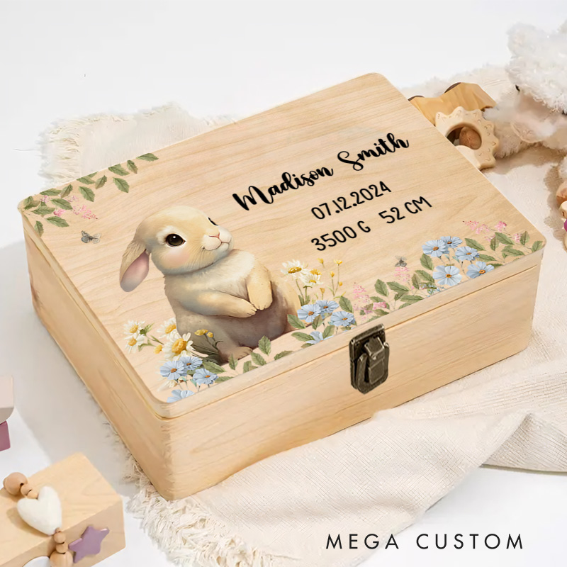 Personalized Bunny Illustration Surrounded by Floral Accents with Baby Details for Celebrating Precious Moments Keepsake Memory Box