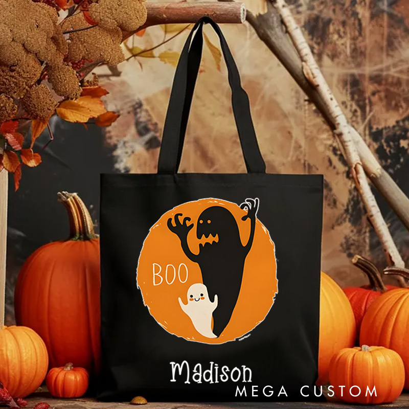 Personalized Boo Ghost Illustration Featuring Name with Orange Background for a Fun Halloween Celebration Tote Bag