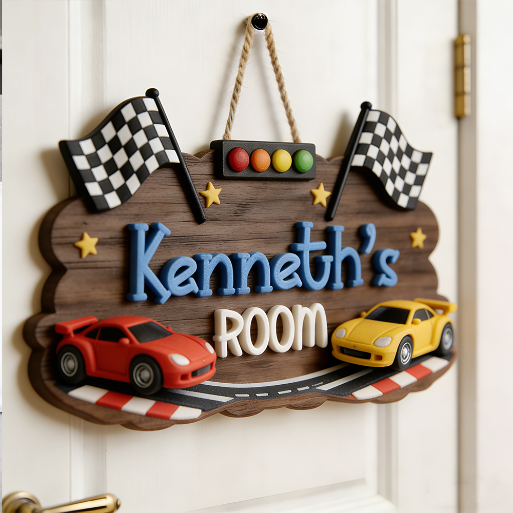Personalized Racing Themed Door Sign for Kids Custom Room Decor 
