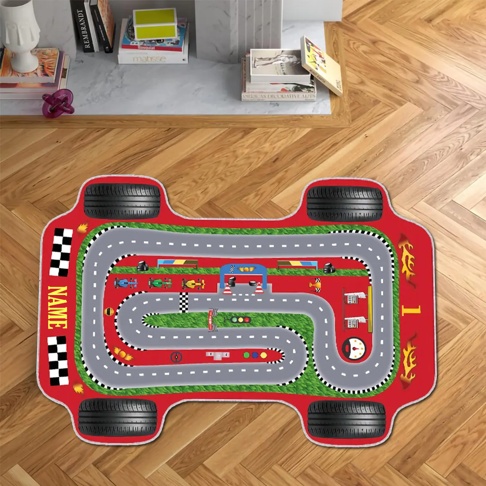 Personalized Race Car Track Plush Rug Soft Play Mat for Kids Car Enthusiasts