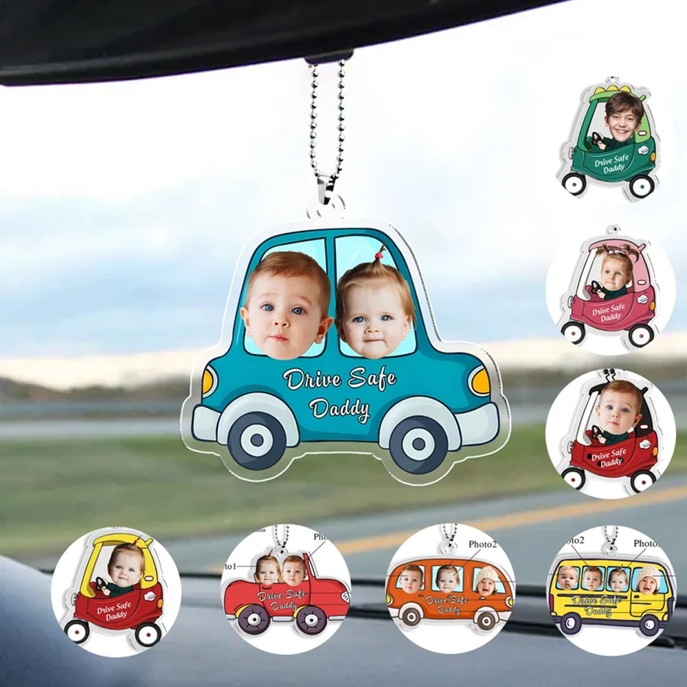 Personalized Car-Shaped Photo Keychain Drive Safe Hanging Ornament
