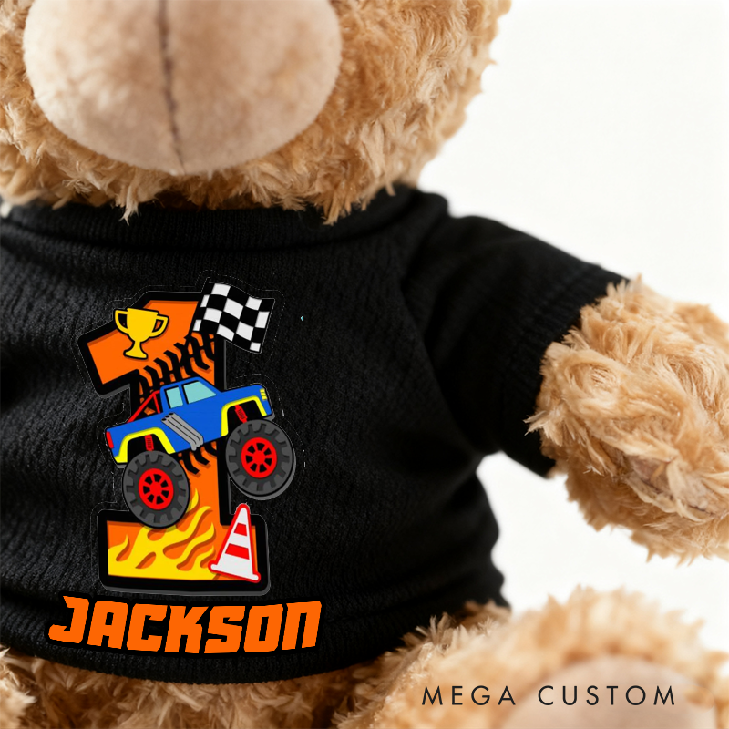 Personalized Monster Truck Brown Bear Plush Toy Custom Name Birthday Gift
