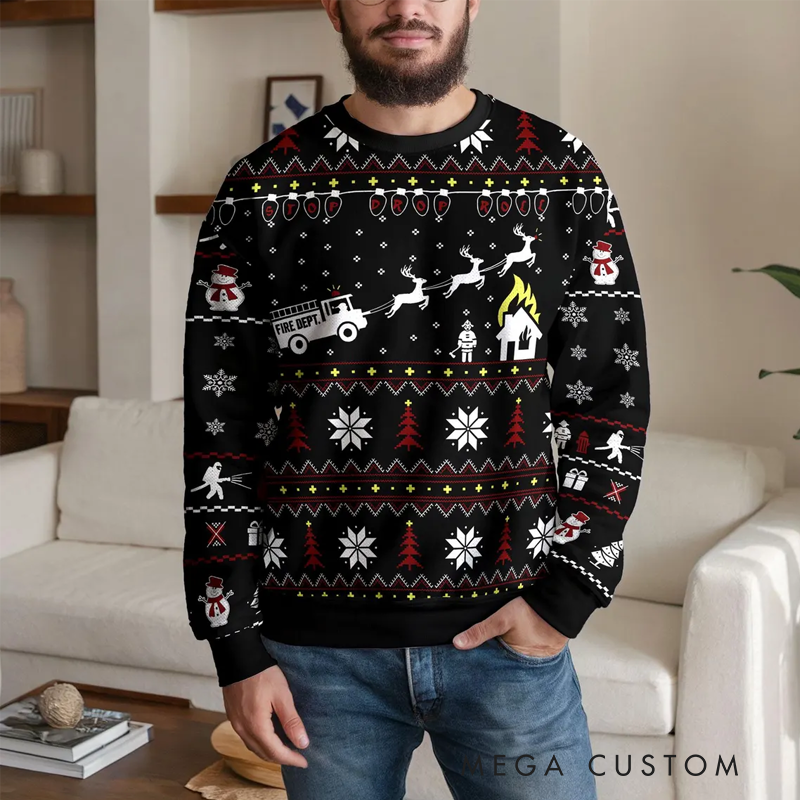 Personalized Firefighter Ugly Christmas Sweater Fun and Festive Gift for Firefighting Enthusiasts