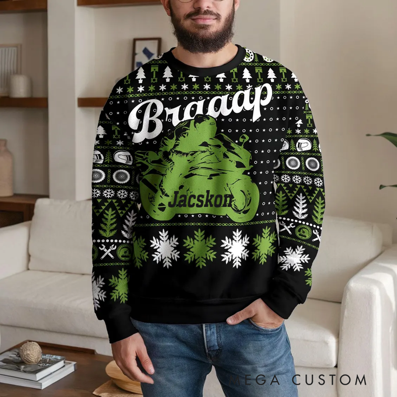 Personalized Motorcycle Racing Ugly Christmas Sweater Unique Bikers and Racing Enthusiasts Holiday Gift 
