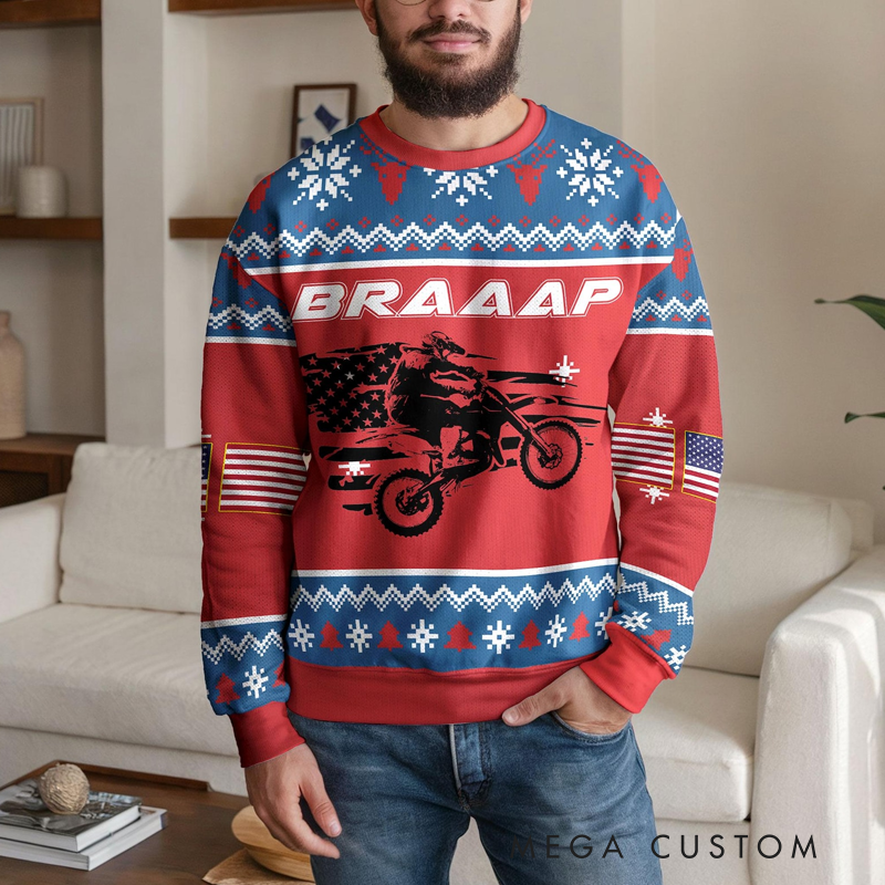 Personalized Dirt Bike Braap Ugly Christmas Sweater with American Flag Design Perfect Gift for Motocross Fans