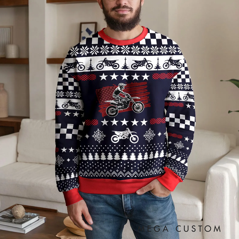 Personalized Motocross Ugly Christmas Sweater with American Flag and Dirt Bike Design Perfect Gift for Bikers