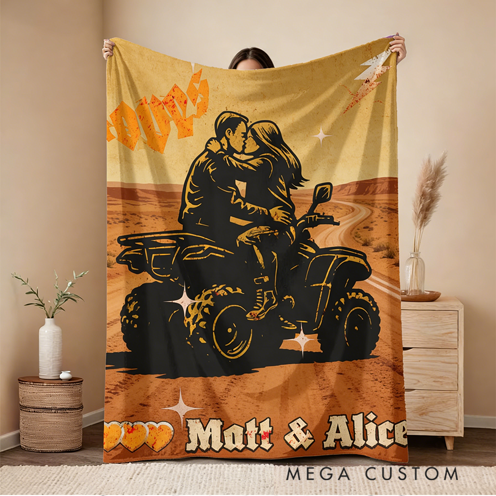 Personalized ATV Couple Blanket Custom Sunset Design for Racing Enthusiasts