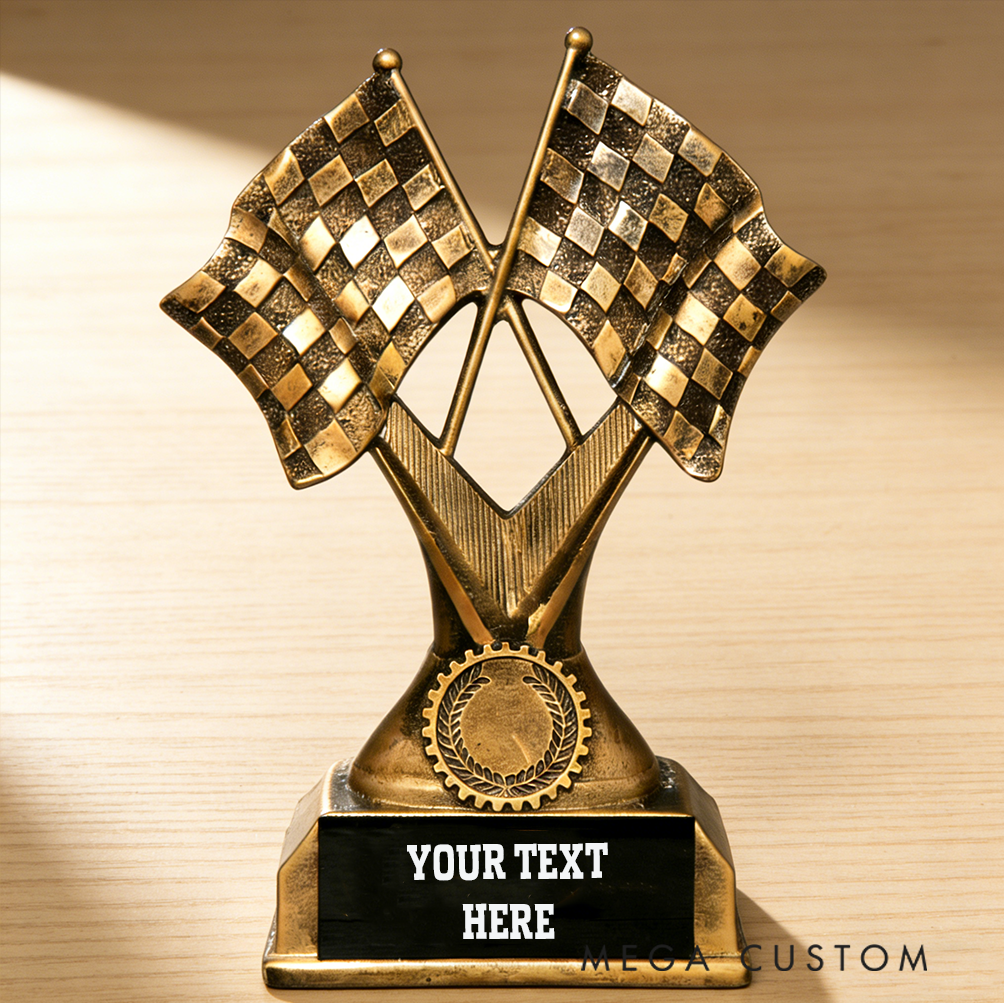 Personalized Racing Trophy with Checkered Flags Unique Gift for Motorsport Enthusiasts
