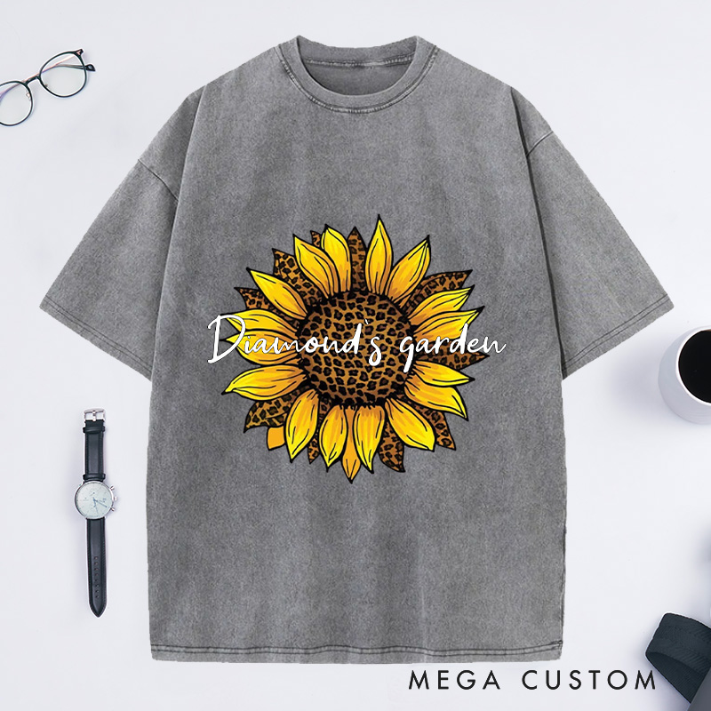 Personalized Leopard Sunflower Washed T-Shirts Sunflower Shirt Leopard And Floral Shirt Flower Shirt Botanical Print Shirt