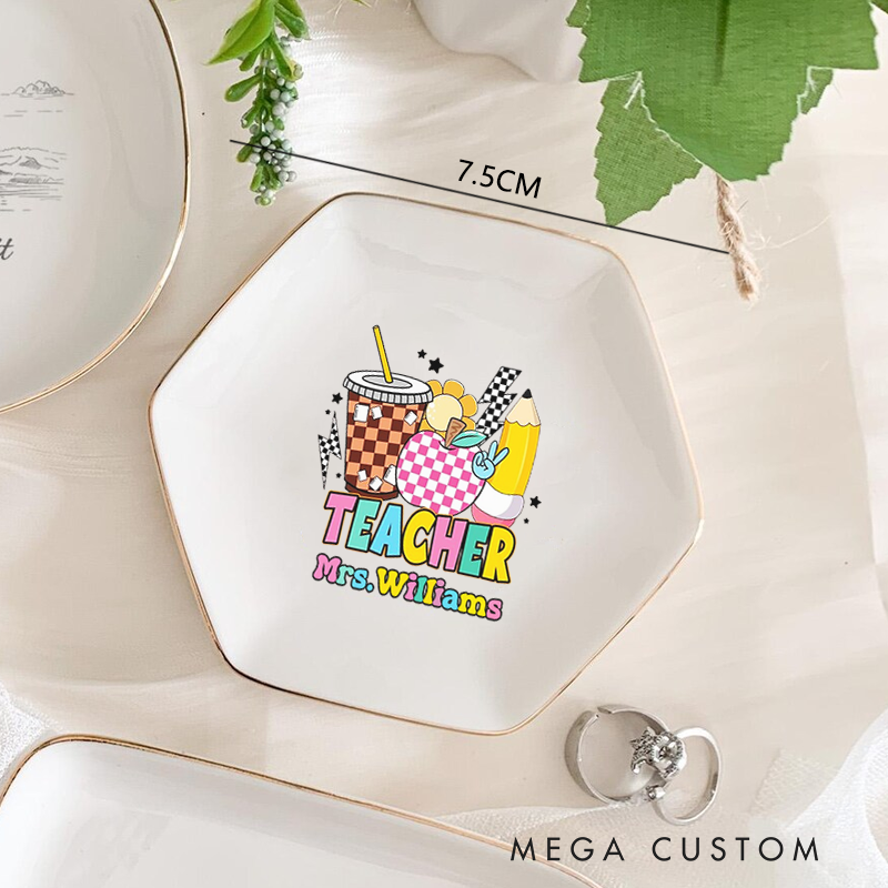 Personalized Jewelry Dish for Teacher Colorful and Playful Decorative Gold Rim Hexagon Ring Dish Teacher Appreciation Gift
