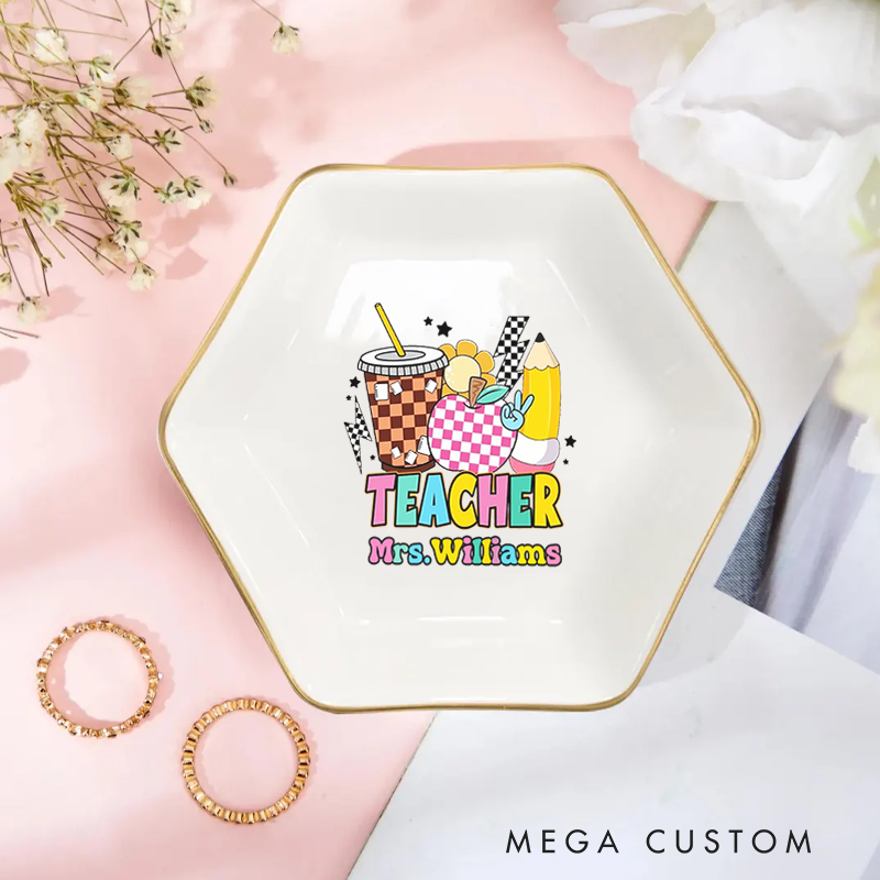 Personalized Jewelry Dish for Teacher Colorful and Playful Decorative Gold Rim Hexagon Ring Dish Teacher Appreciation Gift