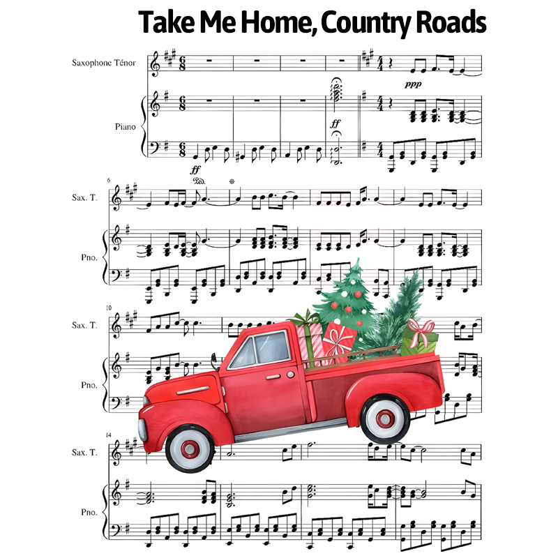 Personalized Classic T-Shirts Vintage Country Roads and Rustic Red Truck Design with Sheet Music Background Tee