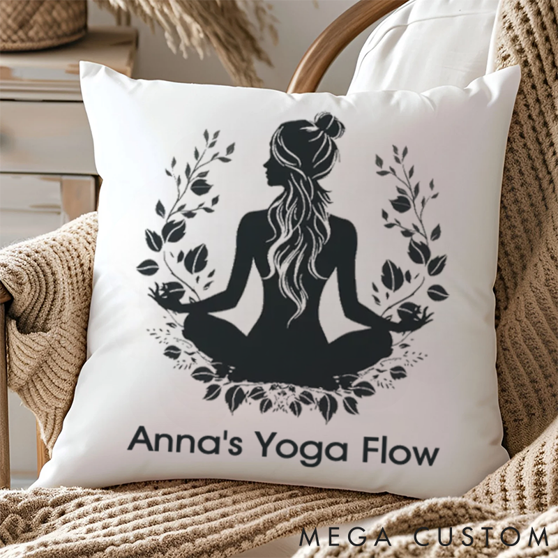 Personalized Pillows with Meditation Silhouette and Branches and Leaves Symbolizing Vitality Custom Name Yoga Pillows Gift Idea for Yoga Lover