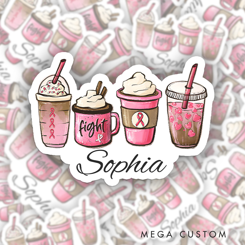 Personalized Cute Coffee Cup Sticker Set with Pink Ribbon and Fight Theme for Fun and Motivational Style Stickers