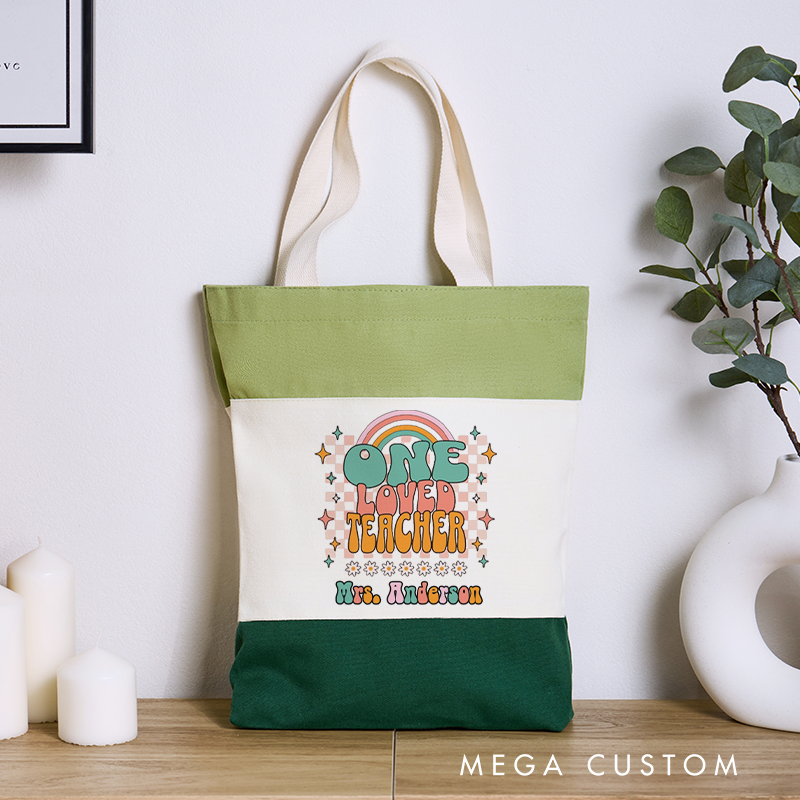 Personalized Teacher Tri Color Canvas Tote Bag One Loved Teacher Appreciation Gift for Teachers