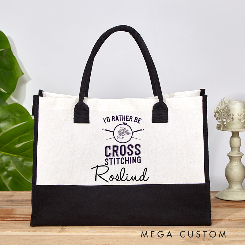 Personalized I'd Rather Be Cross Stitching Tote Bag Cross Stitch Lover Bag Cross Stitcher Bag Embroidery Worker Bag Crafter Sewing Bag Mom