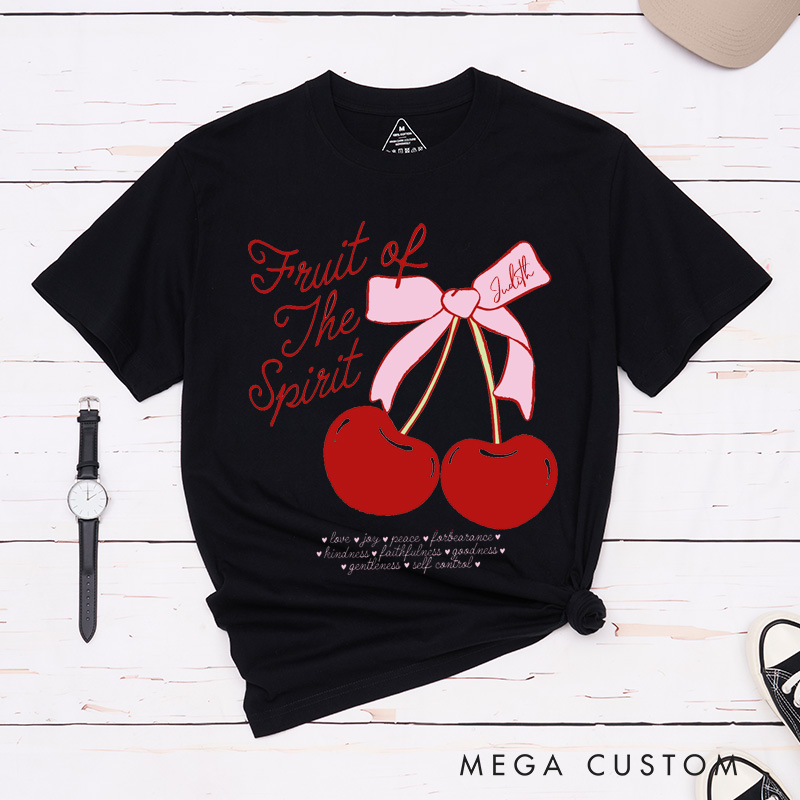 Personalized Fruit of the Spirit Cotton T-Shirt with Name Fun Doodle Cherry Bow Shirt Christian Bible Verse Unisex Classic T-Shirt Christian Gift