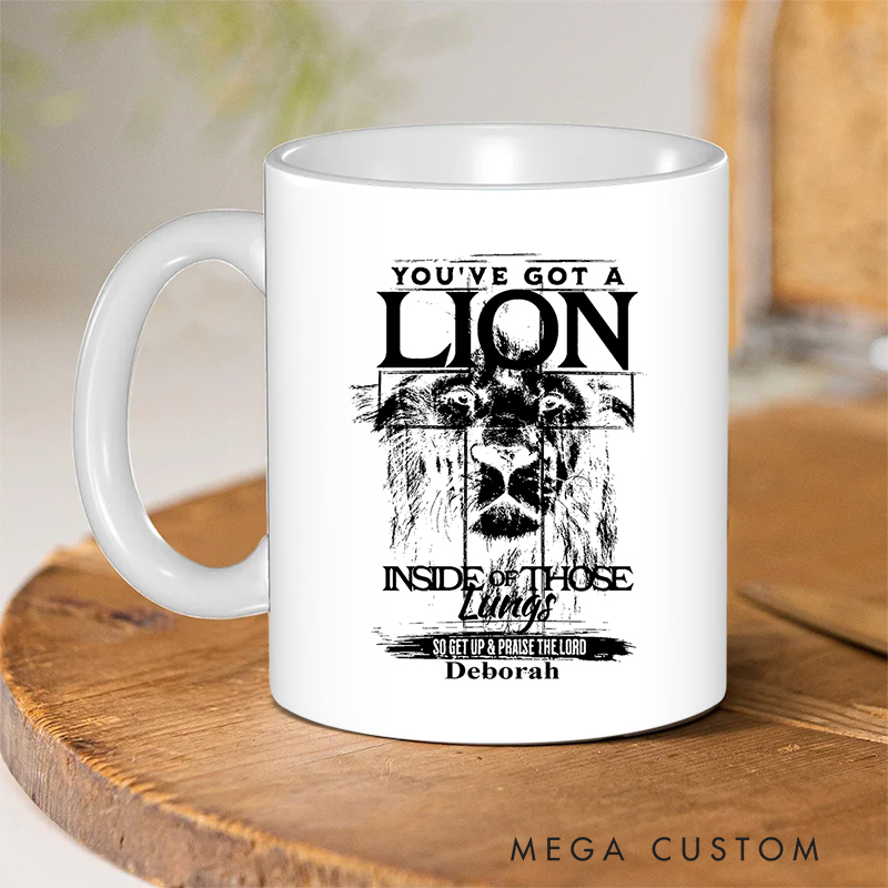 Personalized Lion Imagery Ceramic Mug with Name Birthday Religious Inspirational Gift for Christian Best Gift for Jesus Lover 