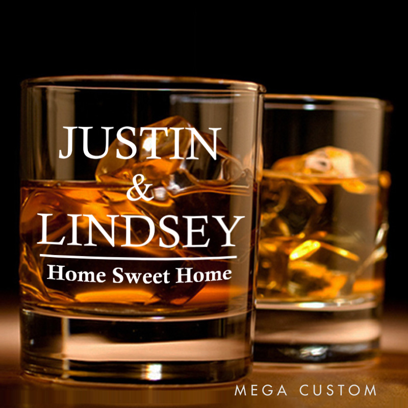 Personalized Home Sweet Home Whiskey Glass Custom Engraved Bourbon Glasses Wedding Housewarming Whiskey Tumbler New Home Moving House Gift Homeowner