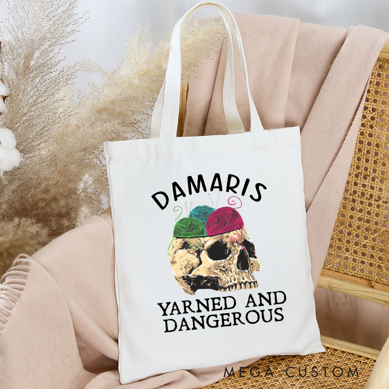 Personalized Yarned and Dangerous Tote Bag Skeleton Bag with Name Canvas Yarning Bag for Knitting Lover Gift Crocheting Lover Gift