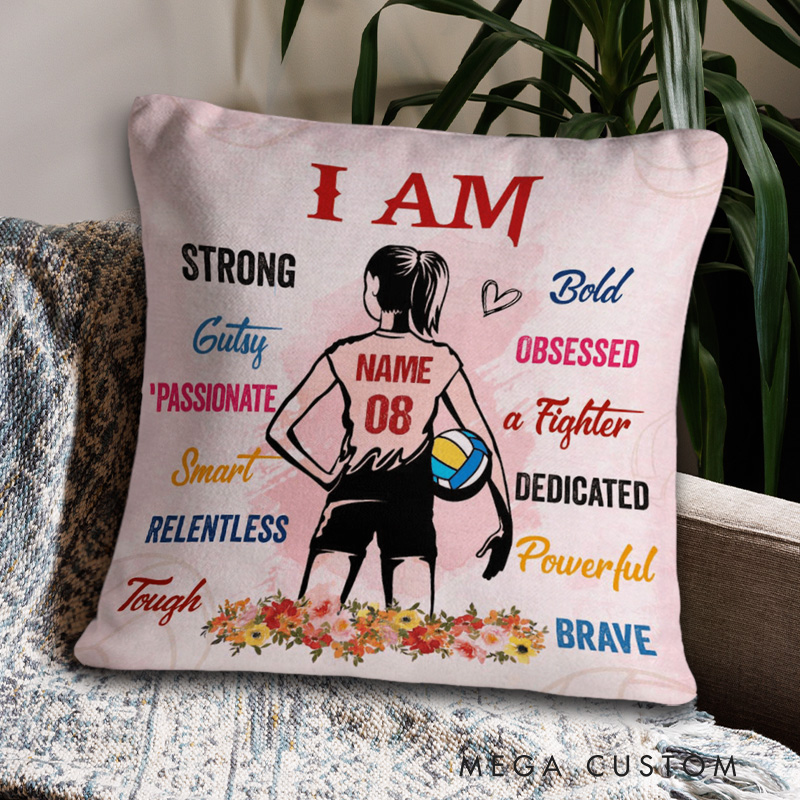 Personalized Volleyball Design Throw Pillow with Custom Name, Number, and Inspirational Words