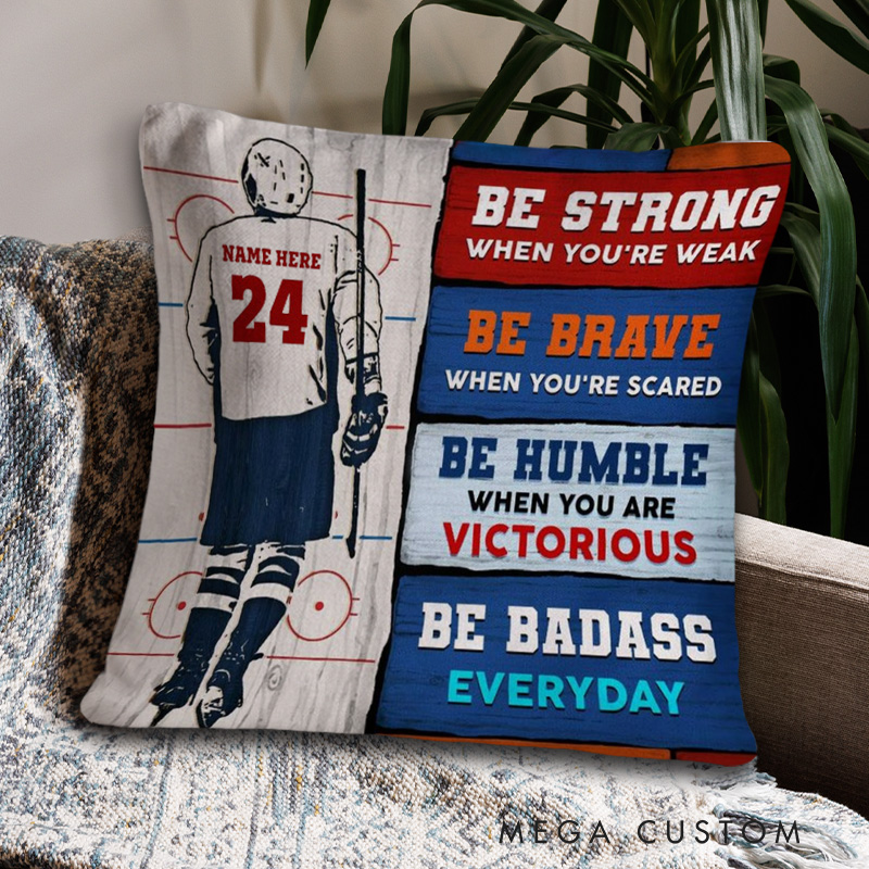 Personalized Ice Hockey Throw Pillow with Custom Name, Number, and Motivational Quotesr