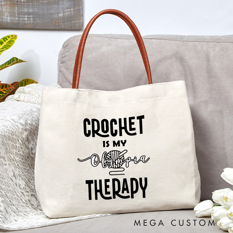 Personalized Crochet Is My Therapy Tote Bag Crocheting Lover Bag Knitting Lover Bag Yarn Lovers Canvas Bag Knitter Gift Crocheter Gift