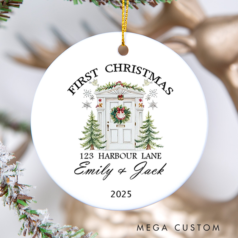 Personalized First Christmas Ceramic Ornament for New Home Personalized Address Names and Year Custom Housewarming Gift Holiday Decor Keepsake
