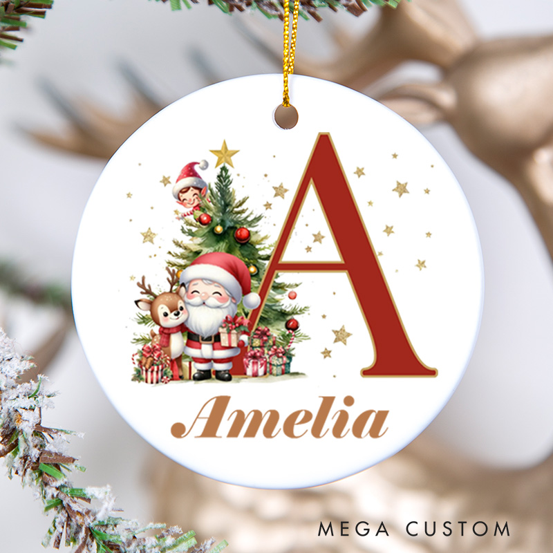 Personalized Christmas Ceramic Ornament for New Home Custom Name and Initial with Santa Design Perfect Housewarming Gift Holiday Decor