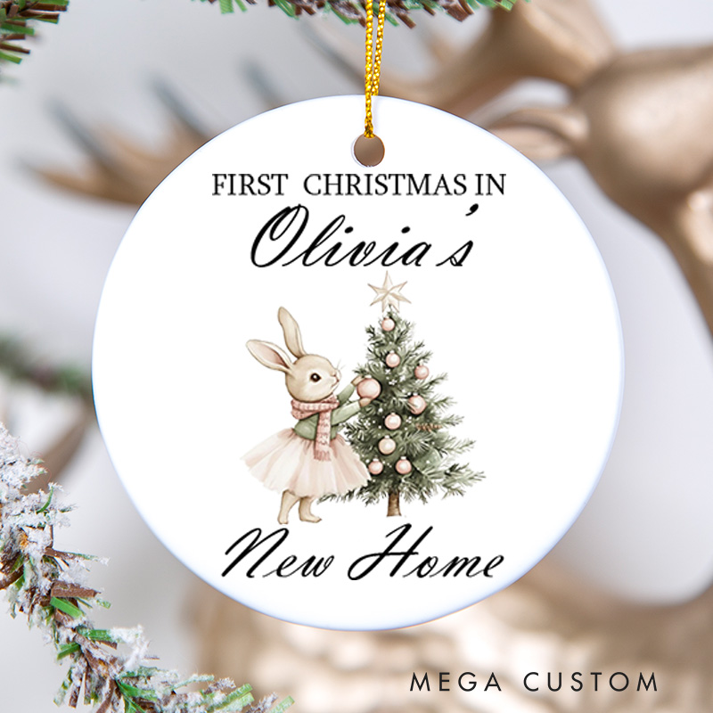 Personalized First Christmas in New Home Ceramic Ornament Personalized Name and Bunny Design Custom Housewarming Gift Holiday Decor Keepsake