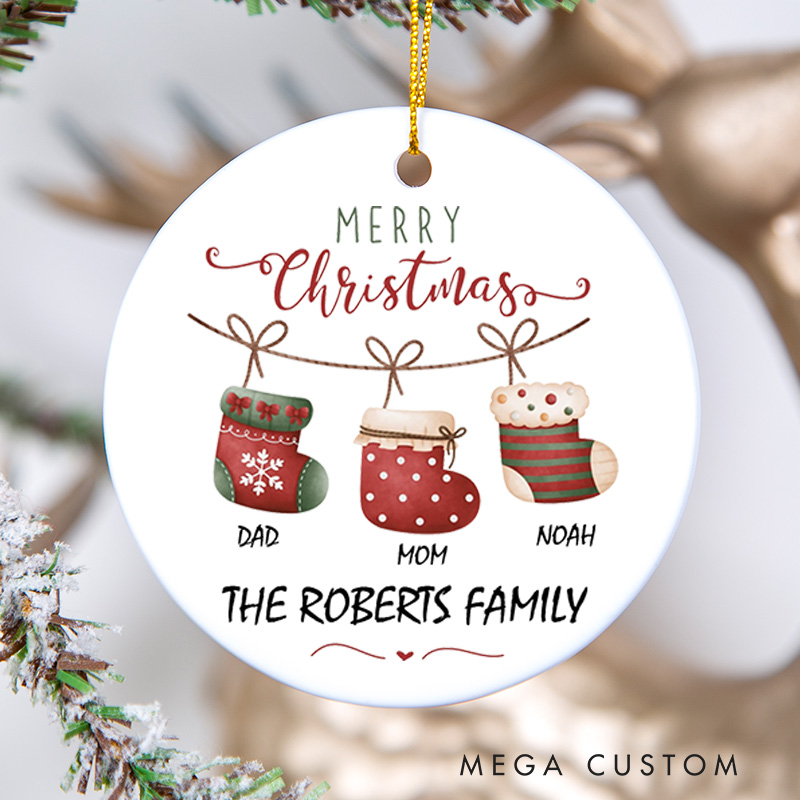 Personalized Merry Christmas Ceramic Ornament for New Home Custom Family Name and Stocking Design Housewarming Gift Holiday Keepsake