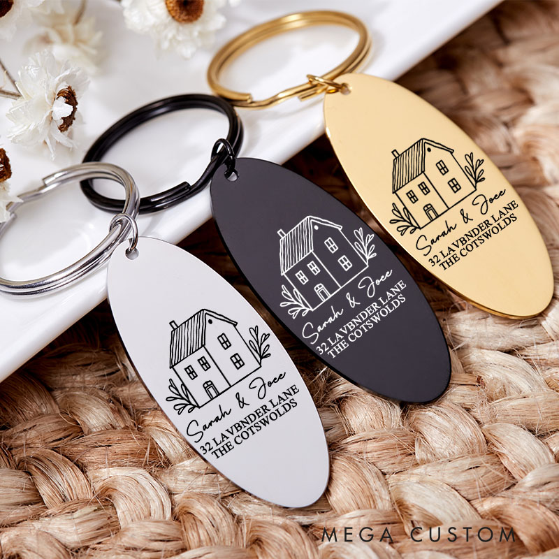 Personalized New Home Couples Keyring Housewarming Gift Engraved Keychain with Name and Adress Moving House Gift New Home Key Ring Gift for Homeowner