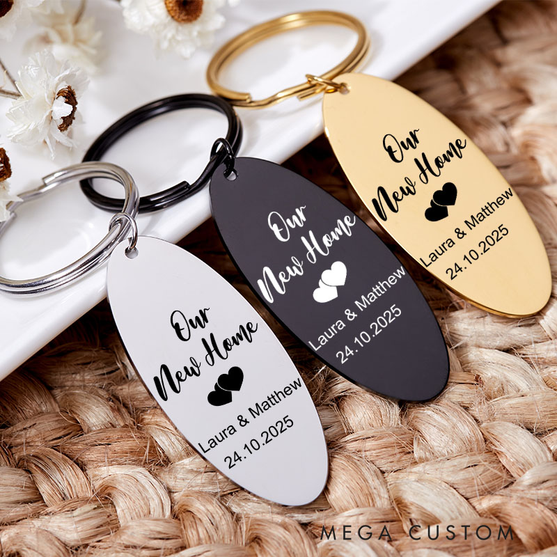 Personalized Our New Home Couples Keyring with Name Engraved First Home Keychain Housewarming Gift His and Hers Keyring Moving in Gift Matching Gift