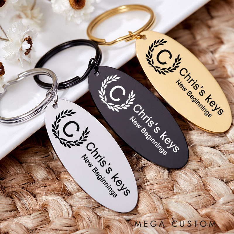 Personalized New Beginnings Keychain with Name Engraved House Warming Key Chain New Home Initial Keyring Moving House Gift for Homeowner First Home