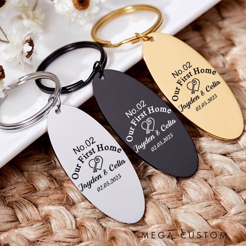 Personalized Our First Home Keychain Engraved New Home Couples Keyring House Warming Keychain Moving Gift His and Hers Keyring Housewarming Gift