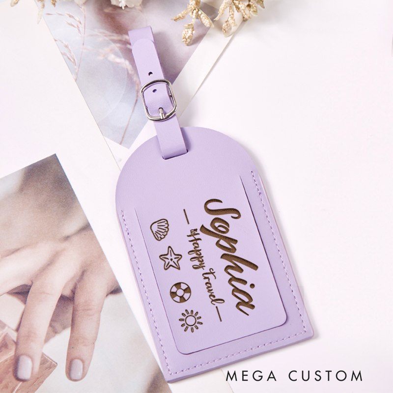 Personalized Happy Travel Leather Luggage Tag for Traveling Lovers Gift for Beach Vacation