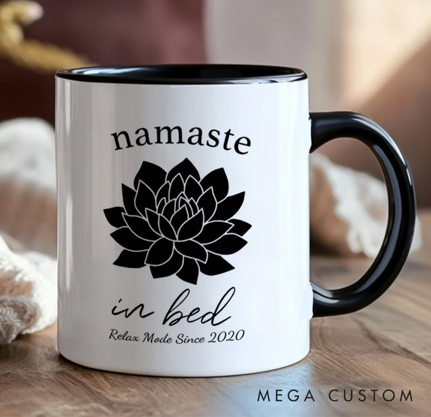 Personalized Namaste in Bed Mug with Elegant Lotus Design Custom Name Perfect Gift for Yoga Lover