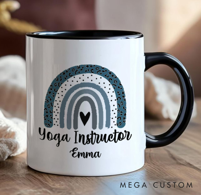 Personalized Yoga Instructor Mug with Hand-Drawn Rainbow Design Custom Name Perfect Gift for Yoga Lover