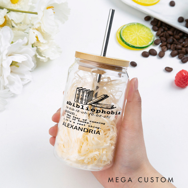 Personalized Abibliophobia Water Glasses with Straw Book Lover Water Glass with Name Water Glass with Lid Bookish Gift Book Lover Gift