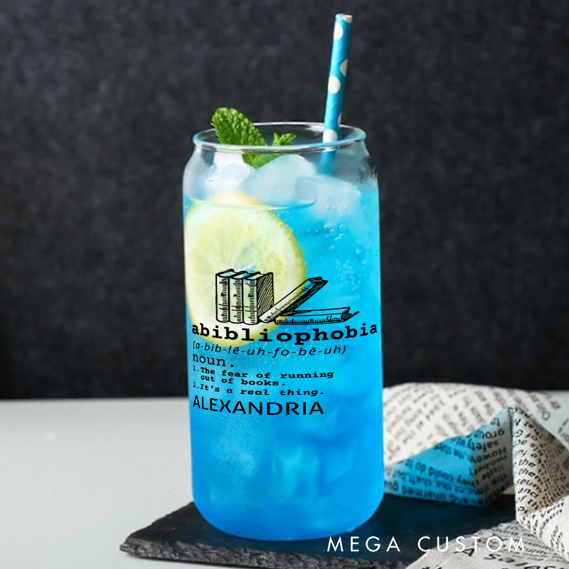 Personalized Abibliophobia Water Glasses Book Lover Glass Iced Coffee Tumbler Reader Glass Bookish Glass Bookworm Glass