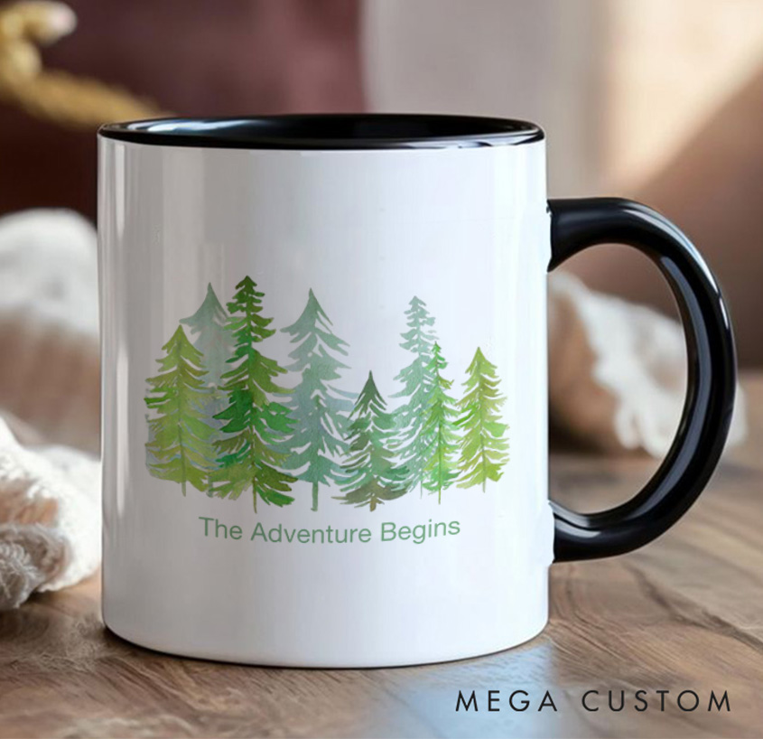 Personalized the Adventure Begins Mug Forest Camping Rustic Mountain Mug Gift for Travel Hiking Outdoors Lovers
