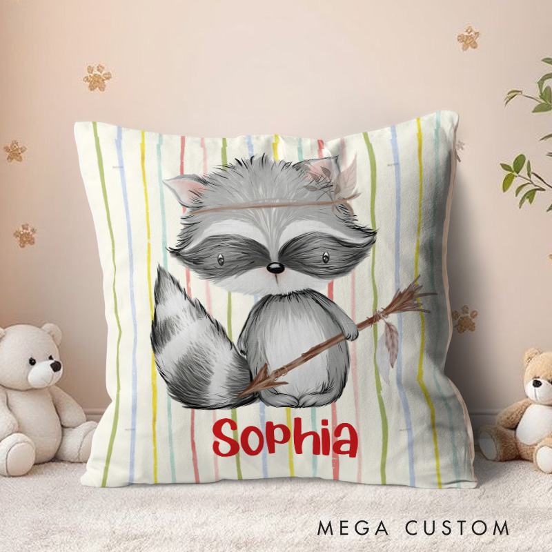 Personalized Raccoon with Arrow Colorful Striped Baby Room Decor Throw Pillows