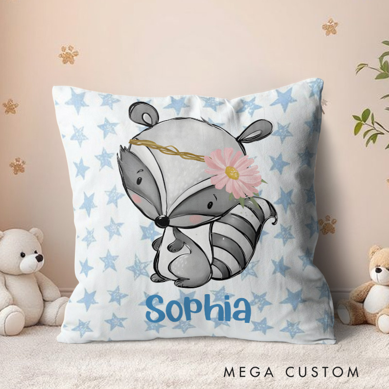 Personalized Raccoon with Floral Headband Starry Background Baby Gift Throw Pillows