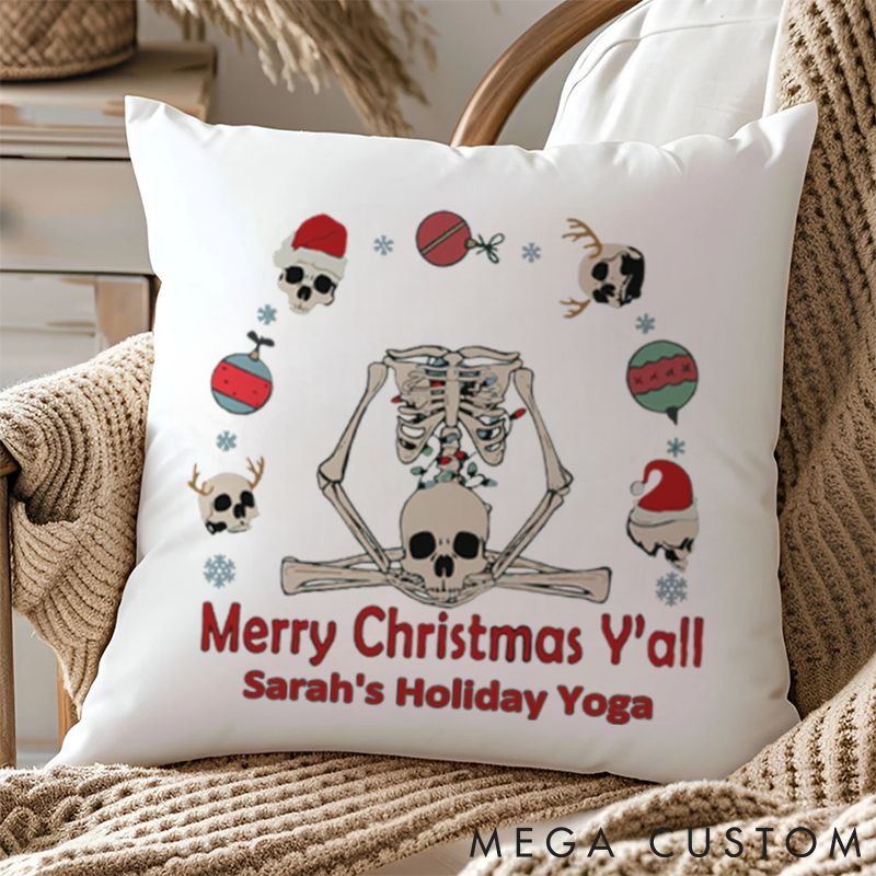 Personalized Merry Christmas Yoga Pillows with Skeleton Meditation Design Custom Name Yoga Pillows Gift Idea for Yoga Lover and Christmas Decor