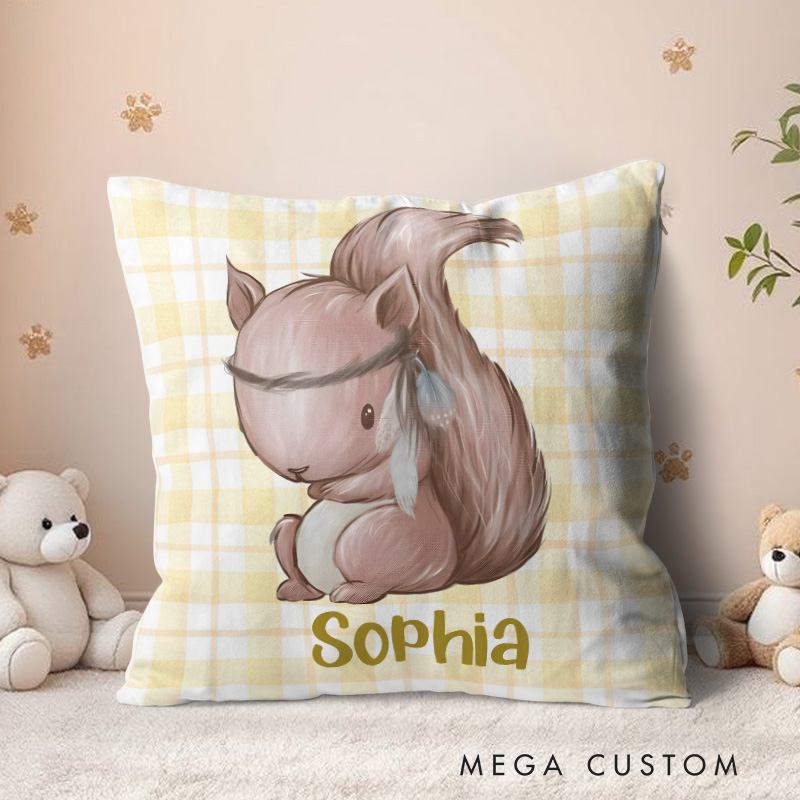 Personalized squirrel with Soft Plaid Background Cozy Baby Keepsake Throw Pillows