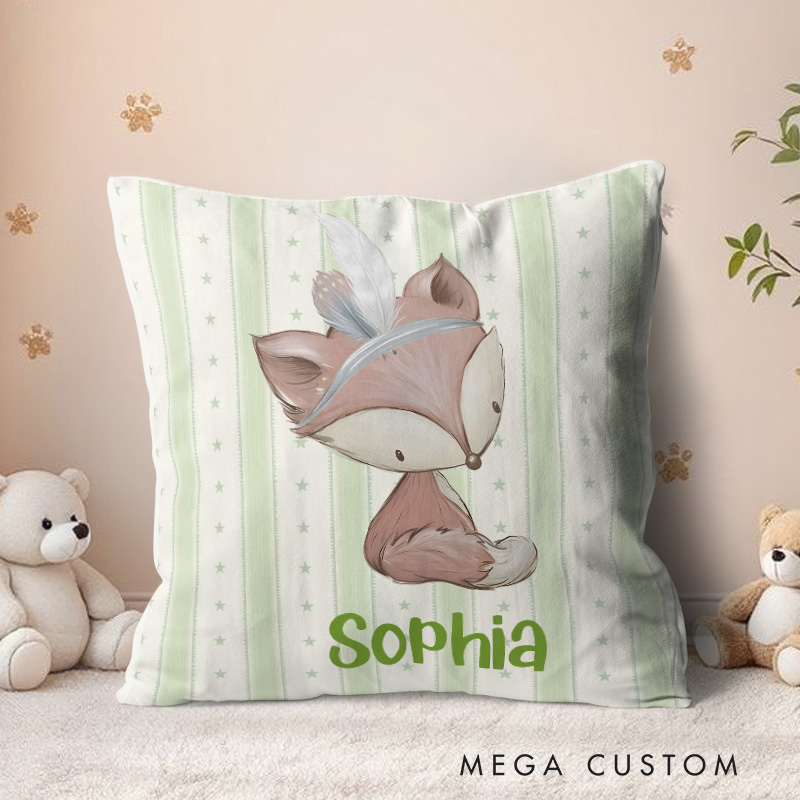 Personalized Fox with Feathers Pastel Striped Whimsical Baby Decor Throw Pillows