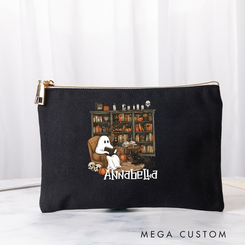 Personalized Retro Ghost Reading Books Cosmetic & Toiletry Storage Book Lover Cosmetic Bag Makeup Bag with Name Halloween Gift Librarian Gift Reading Gift